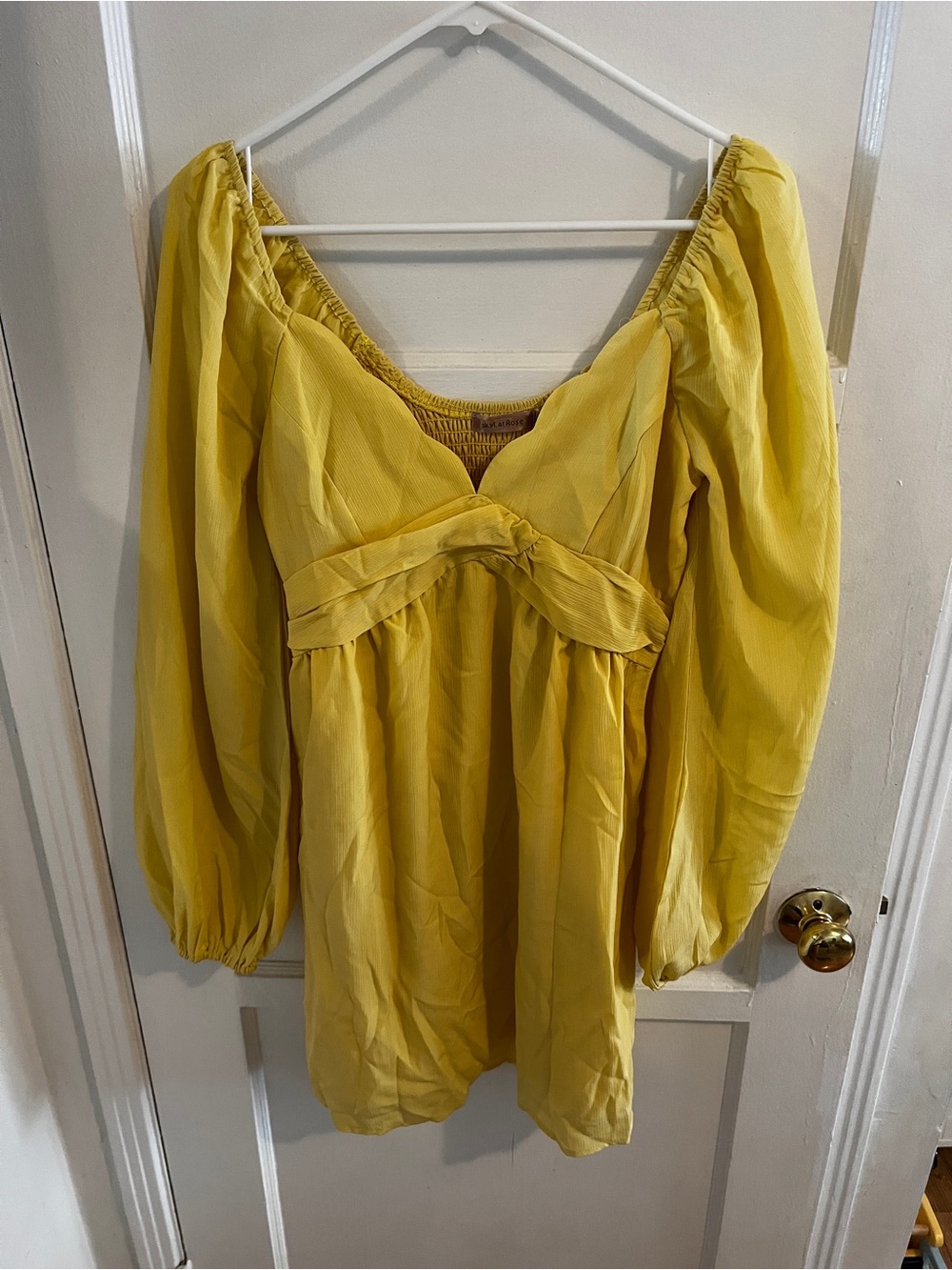 Silky Yellow Dress with Scalloped Edge Neck And Balloon Sleeve